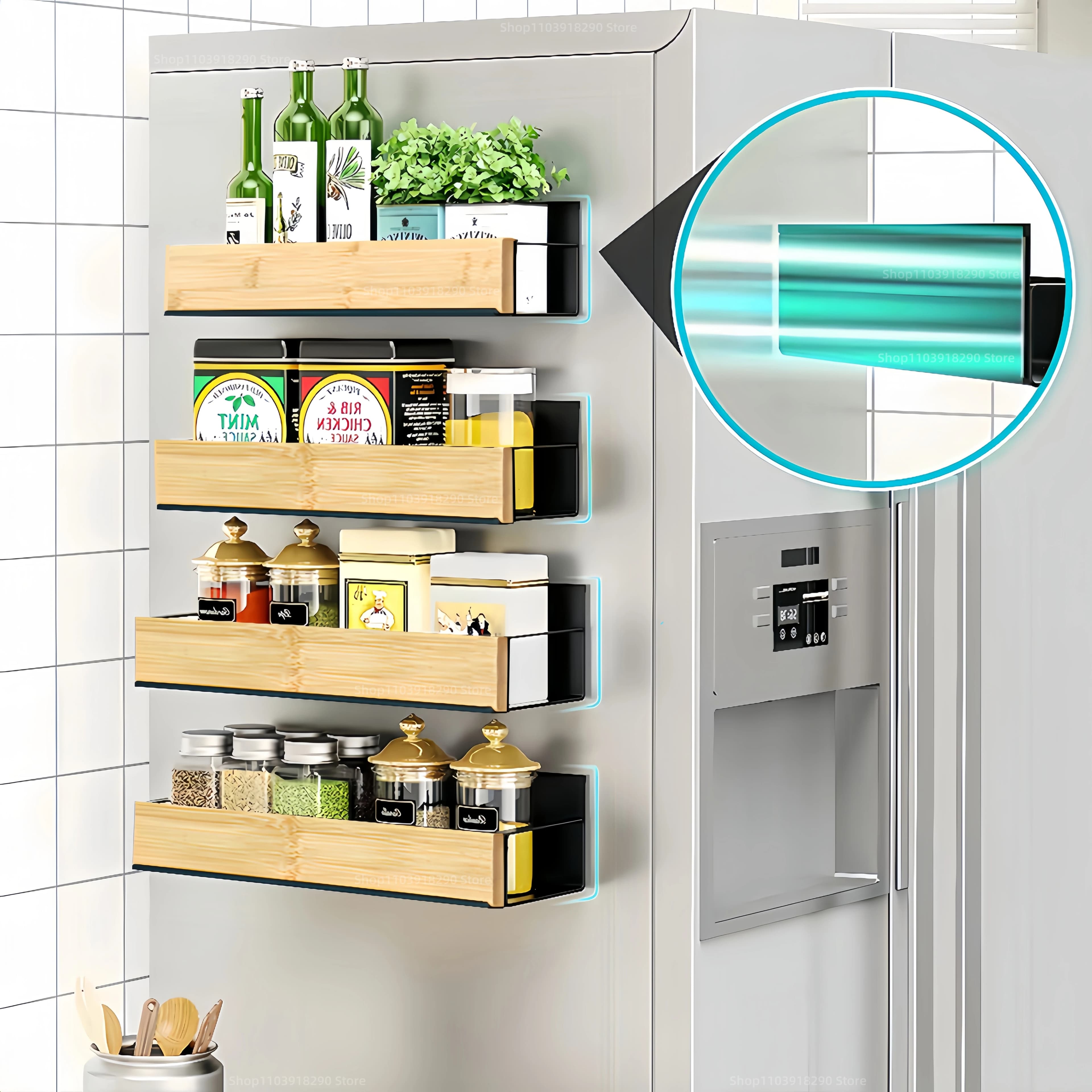 Magnetic Fridge Shelf Spice Storage Rack Black Iron Space Saving for Cabinet on The Side of Refrigerator Kitchen Organizer Shelf