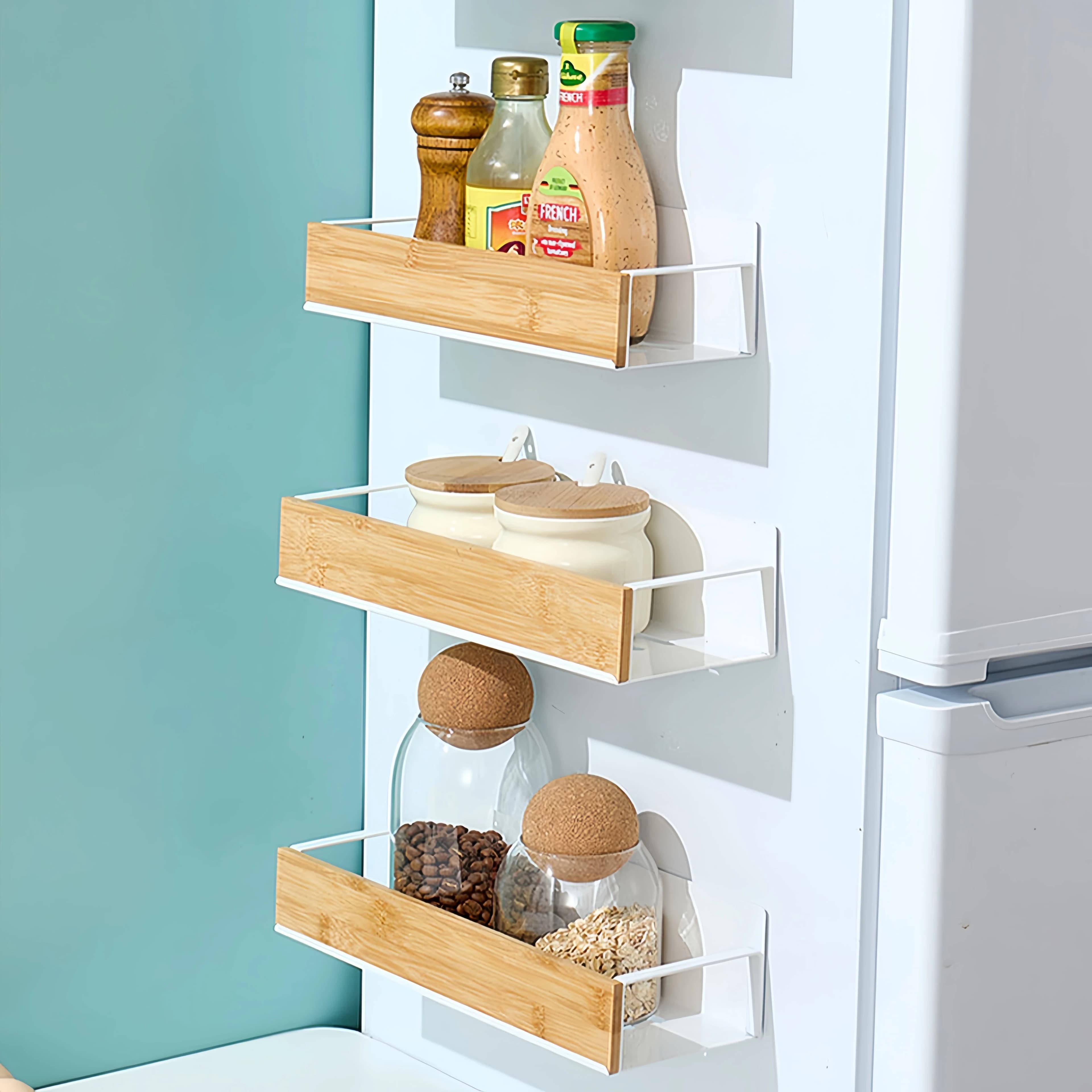 Magnetic Fridge Shelf Spice Storage Rack Black Iron Space Saving for Cabinet on The Side of Refrigerator Kitchen Organizer Shelf