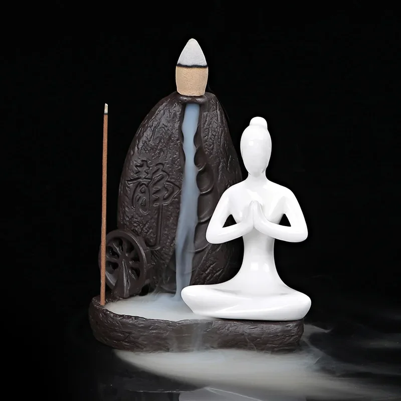 Kadzielnica backflow „Yoga Girl” – ceramiczny kominek + 20 stożków, uchwyt na patyczki